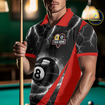 Black And Red 8 Ball 9 Ball Lightning Billiard Shirt For Men Custom Pool Team Jersey Polo, 1/4 Zip TDM6323