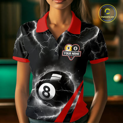 Black And Red 8 Ball 9 Ball Lightning Billiard Shirt For Women Custom Pool Team Jersey Polo, 1/4 Zip TDM6323
