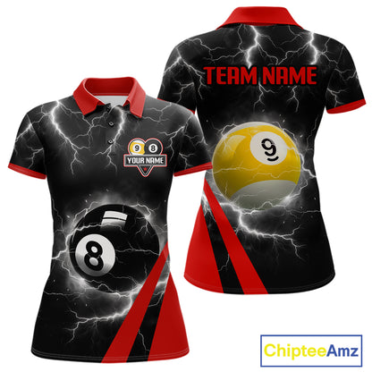 Black And Red 8 Ball 9 Ball Lightning Billiard Shirt For Women Custom Pool Team Jersey Polo, 1/4 Zip TDM6323