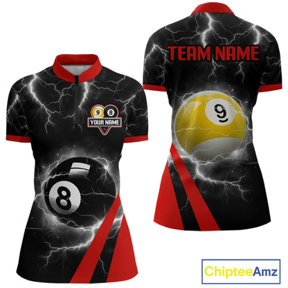 Black And Red 8 Ball 9 Ball Lightning Billiard Shirt For Women Custom Pool Team Jersey Polo, 1/4 Zip TDM6323