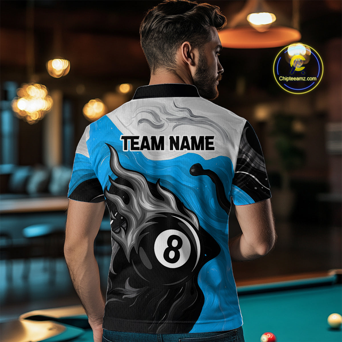 Personalized Black, Blue And White 8 Ball Flame Billiard Shirt For Men Custom Pool Team Jerseys TDM4189