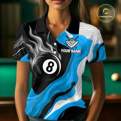 Personalized Black, Blue And White 8 Ball Flame Billiard Shirt For Women Custom Pool Team Jerseys TDM4189