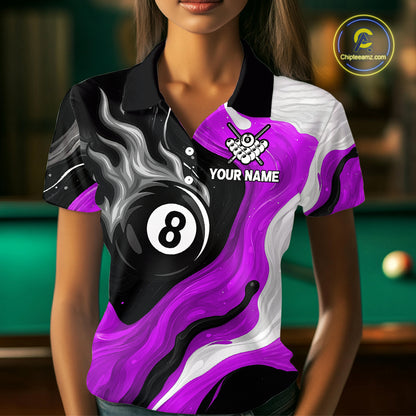 Personalized Black, Purple And White 8 Ball Flame Billiard Shirt For Women Custom Pool Team Jerseys TDM4190