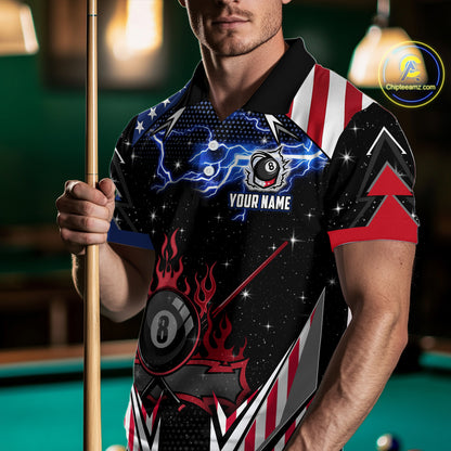 8 Ball Pool Billiard Jersey Custom Lightning American Flag Men Billiard Shirts, 8 Ball Team Shirts TDM4579