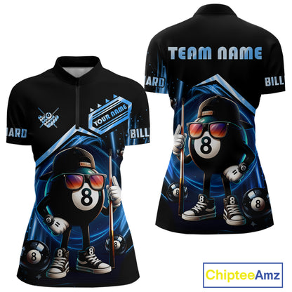 Blue Funny 8 Ball Billiard Shirt For Women Custom Pool Team Shirt, Billiard Jersey Polo & 1/4 Zip TDM5205