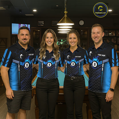 Personalized Blue 8 Ball Flame Billiard Polo & Quarter Zip For Women, 8 Ball Pool Team Jersey TDM5731
