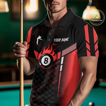 Personalized Red 8 Ball Flame Billiard Polo & Quarter Zip For Men, 8 Ball Pool Team Jersey TDM5732