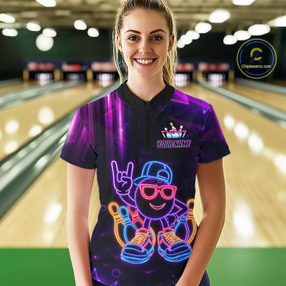 Funny Neon Bowling Ball Polo & Quarter Zip Shirt For Women Custom Bowling League Team Jersey TDM6520