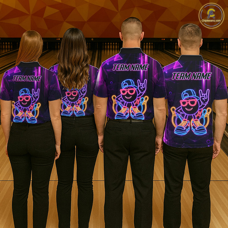 Funny Neon Bowling Ball Polo & Quarter Zip Shirt For Women Custom Bowling League Team Jersey TDM6520