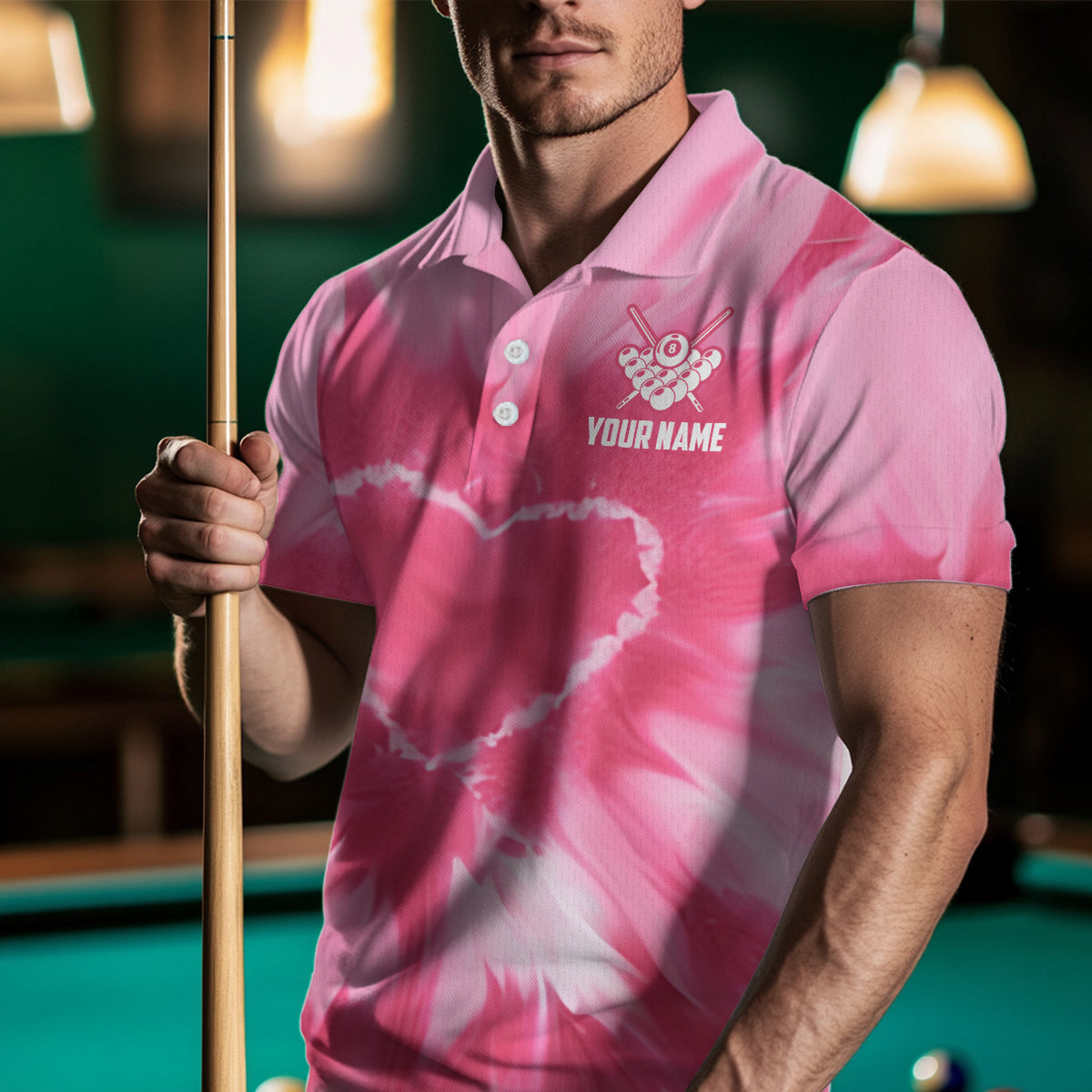 Personalized Pink Tie Dye Heart US Flag Men Billiard Shirts, Billiard Valentines Day Shirt Gifts TDM3430