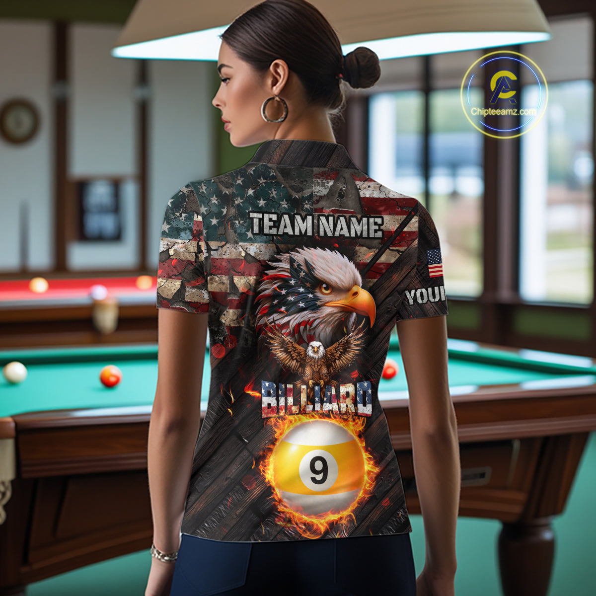 American Flag 9 Ball Fire Custom Eagle Billiard Shirt For Women, Patriotic Pool Jersey Polo, 1/4 Zip TDM5931