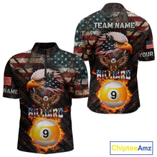 Load image into Gallery viewer, American Flag 9 Ball Fire Custom Eagle Billiard Shirt For Men, Patriotic Pool Jersey Polo, 1/4 Zip TDM5931