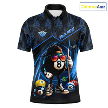 Load image into Gallery viewer, Blue Funny 8 Ball Pool Billiard Shirt For Men Custom Flame Billiard Team Jersey Polo &amp; 1/4 Zip TDM6346