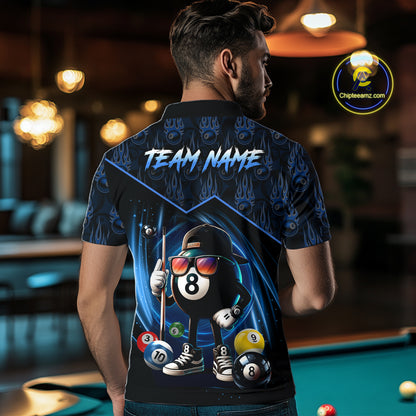 Blue Funny 8 Ball Pool Billiard Shirt For Men Custom Flame Billiard Team Jersey Polo & 1/4 Zip TDM6346