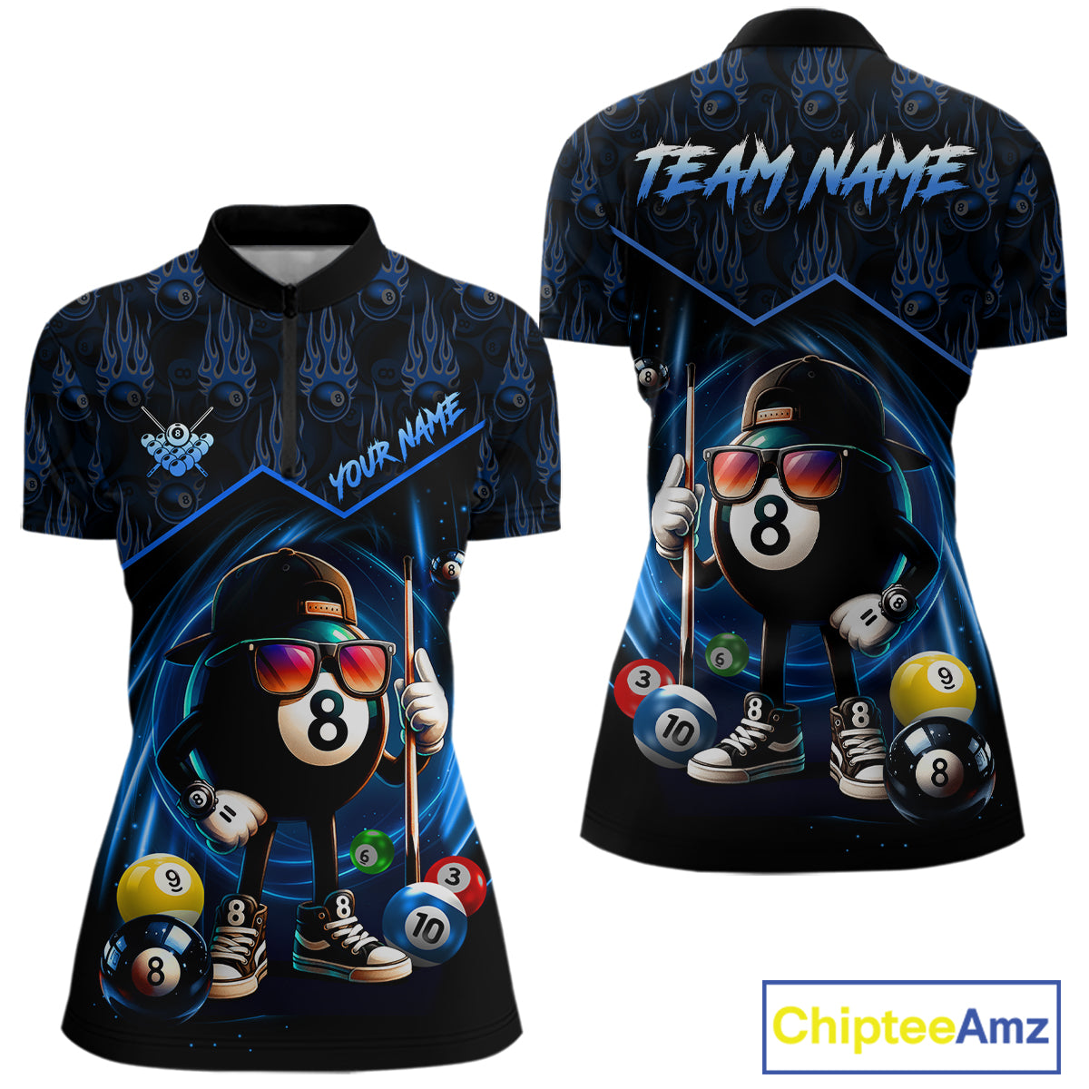 Blue Funny 8 Ball Pool Billiard Shirt For Women Custom Flame Billiard Team Jersey Polo & 1/4 Zip TDM6346