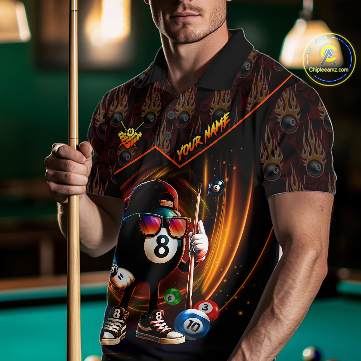 Orange Funny 8 Ball Pool Billiard Shirt For Men Custom Flame Billiard Team Jersey Polo & 1/4 Zip TDM6347