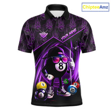 Load image into Gallery viewer, Purple Funny 8 Ball Pool Billiard Shirt For Men Custom Flame Billiard Team Jersey Polo &amp; 1/4 Zip TDM6348