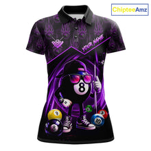 Load image into Gallery viewer, Purple Funny 8 Ball Pool Billiard Shirt For Women Custom Flame Billiard Team Jersey Polo &amp; 1/4 Zip TDM6348