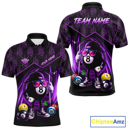 Purple Funny 8 Ball Pool Billiard Shirt For Men Custom Flame Billiard Team Jersey Polo & 1/4 Zip TDM6348