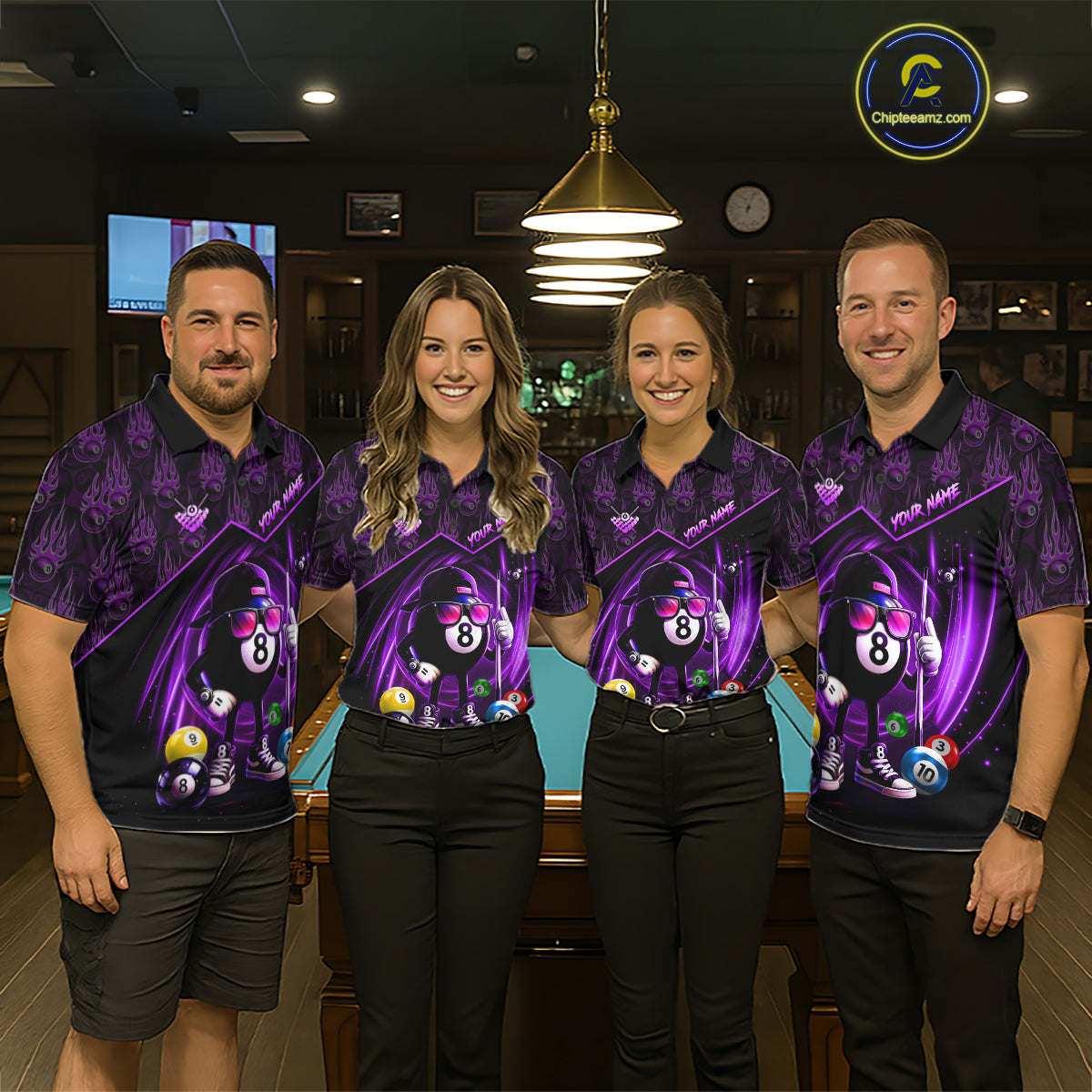 Purple Funny 8 Ball Pool Billiard Shirt For Men Custom Flame Billiard Team Jersey Polo & 1/4 Zip TDM6348