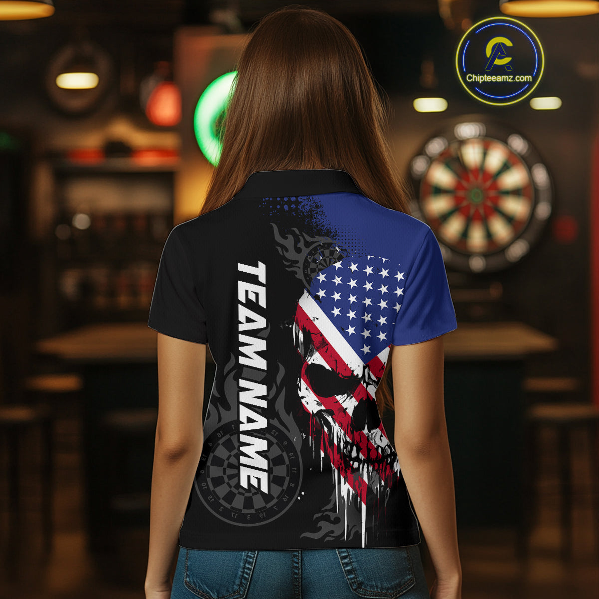 Grunge American Flag Skull Darts Shirt For Women Custom Patriotic Darts Team Jerseys Polo & 1/4 Zip TDM4197