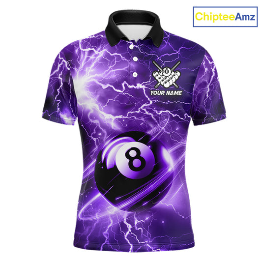 Purple 8 ball thunder lightning billiard polo shirt for men with custom pool team graphics.
