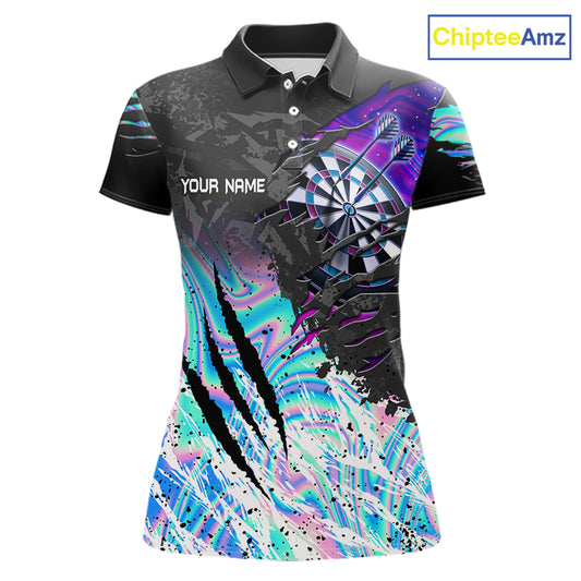 Custom holographic dartboard eagle darts team jersey polo shirt for women featuring a holographic eagle and dartboard design, premium custom darts league apparel.