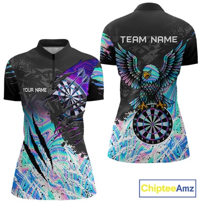 Custom holographic dartboard eagle darts team jersey quarter zip shirt for women featuring holographic eagle dartboard artwork, premium custom darts apparel.
