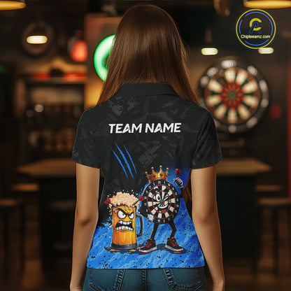 Woman wearing personalized blue funny crown dartboard beer darts team jersey polo shirt featuring crown dartboard beer artwork, back view.