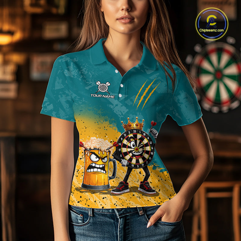 Woman wearing personalized teal and yellow funny crown dartboard beer darts team jersey polo shirt featuring crown dartboard beer artwork, front view.