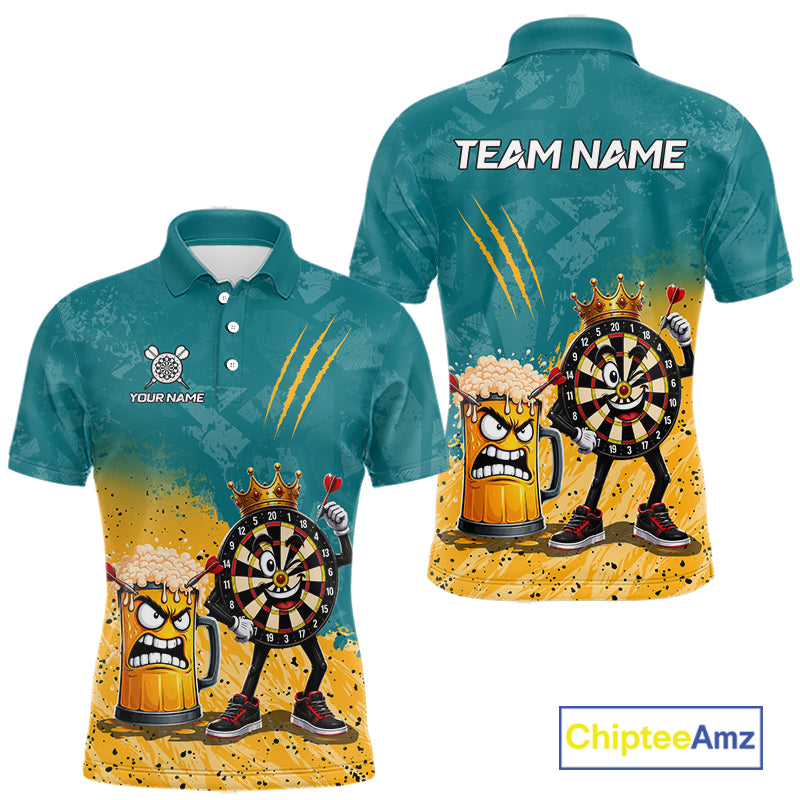 Personalized teal and yellow funny crown dartboard beer darts team jersey polo shirt for men featuring a crown dartboard and beer design, premium custom darts league apparel.