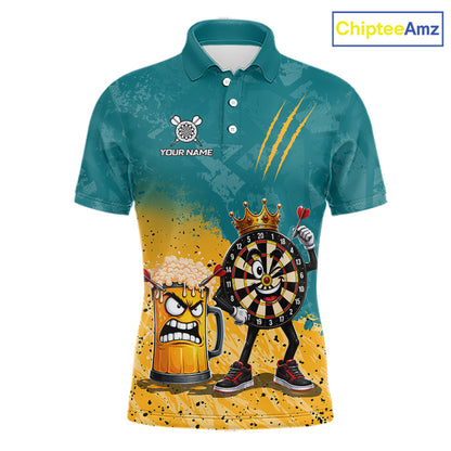 Personalized teal and yellow funny crown dartboard beer darts team jersey polo shirt for men featuring a crown dartboard and beer design, premium custom darts league apparel.
