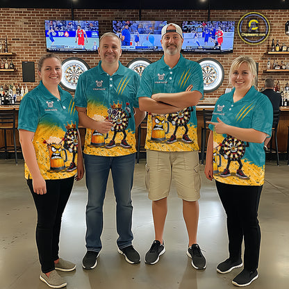 Man wearing personalized teal and yellow funny crown dartboard beer darts team jersey quarter zip shirt featuring crown dartboard beer artwork, front view.