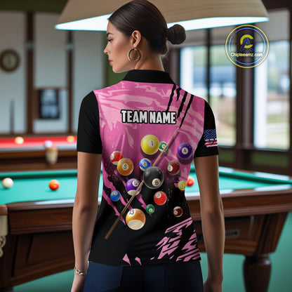 Personalized Pink Black Billiard Shirt For Women Custom 8 Ball Pool Billiard Jersey Polo & 1/4 Zip TDM5472