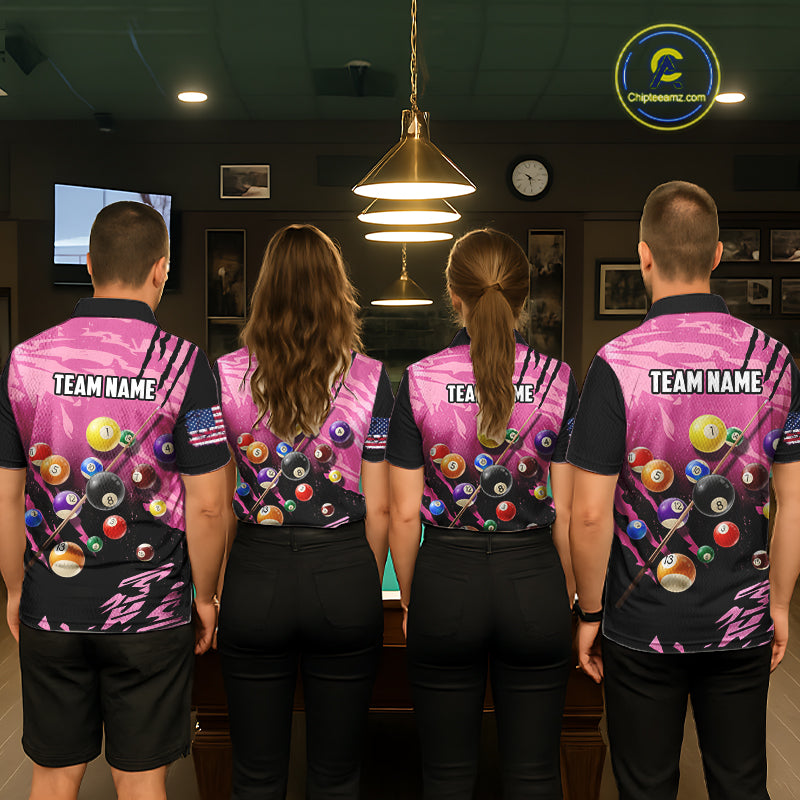 Personalized Pink Black Billiard Shirt For Women Custom 8 Ball Pool Billiard Jersey Polo & 1/4 Zip TDM5472
