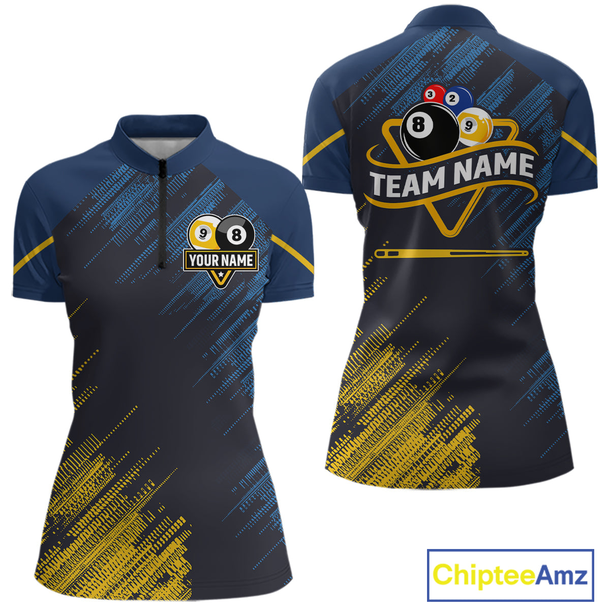Personalized Blue Yellow 8 Ball & 9 Ball Pool Polo & 1/4 Zip For Women Custom Team Billiard Jersey TDM5745