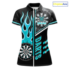 Load image into Gallery viewer, Black And Turquoise Flaming Smoke Darts Shirt For Women Custom Darts Jersey Team Polo &amp; 1/4 Zip TDM6097