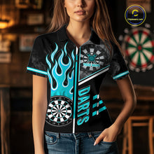 Load image into Gallery viewer, Black And Turquoise Flaming Smoke Darts Shirt For Women Custom Darts Jersey Team Polo &amp; 1/4 Zip TDM6097