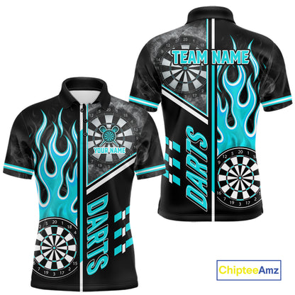 Black And Turquoise Flaming Smoke Darts Shirt For Men Custom Darts Jersey Team Polo & 1/4 Zip TDM6097