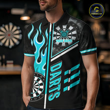 Load image into Gallery viewer, Black And Turquoise Flaming Smoke Darts Shirt For Men Custom Darts Jersey Team Polo &amp; 1/4 Zip TDM6097