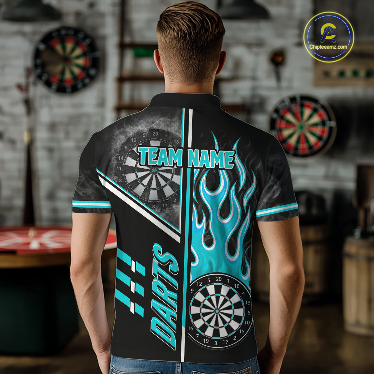Black And Turquoise Flaming Smoke Darts Shirt For Men Custom Darts Jersey Team Polo & 1/4 Zip TDM6097