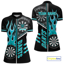 Load image into Gallery viewer, Black And Turquoise Flaming Smoke Darts Shirt For Women Custom Darts Jersey Team Polo &amp; 1/4 Zip TDM6097