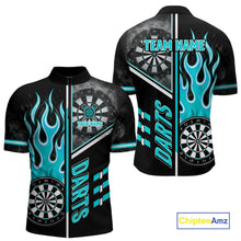 Load image into Gallery viewer, Black And Turquoise Flaming Smoke Darts Shirt For Men Custom Darts Jersey Team Polo &amp; 1/4 Zip TDM6097