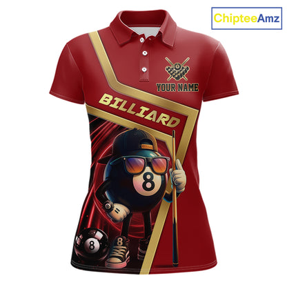 Red Funny 8 Ball Pool Billiard Shirt For Women Custom Gold Billiard Team Jersey Polo & 1/4 Zip TDM6354