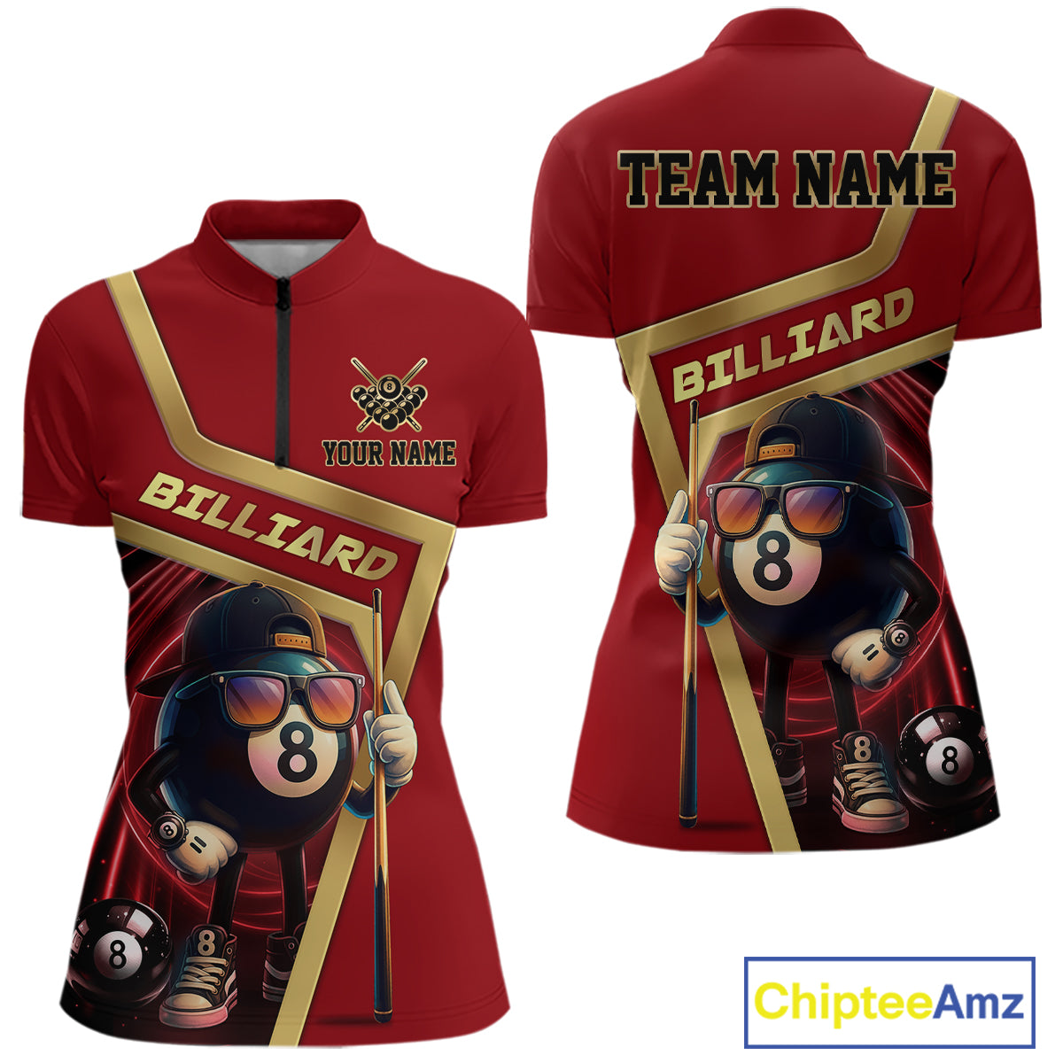 Red Funny 8 Ball Pool Billiard Shirt For Women Custom Gold Billiard Team Jersey Polo & 1/4 Zip TDM6354