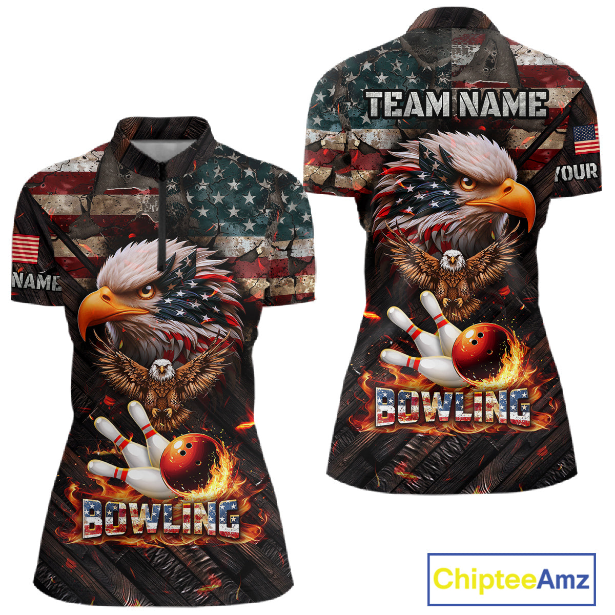 American Flag Flame Eagle Bowling Shirt For Women Custom Patriotic Bowling Jersey Polo & 1/4 Zip TDM6108