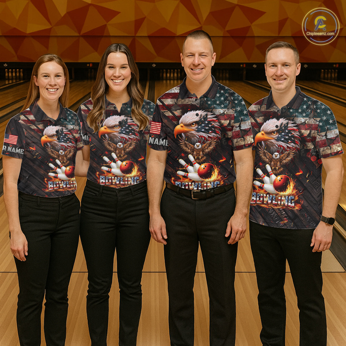 American Flag Flame Eagle Bowling Shirt For Men Custom Patriotic Bowling Jersey Polo & 1/4 Zip TDM6108