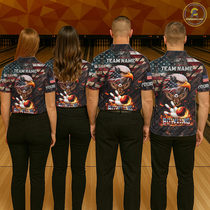 American Flag Flame Eagle Bowling Shirt For Men Custom Patriotic Bowling Jersey Polo & 1/4 Zip TDM6108