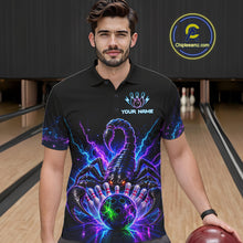 Load image into Gallery viewer, Man wearing a neon scorpion bowling polo shirt at a bowling alley front view.