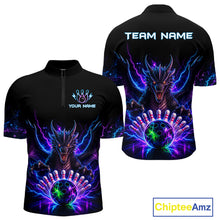 Load image into Gallery viewer, Neon dragon bowling quarter zip shirt for men designed for league tournaments and team events.